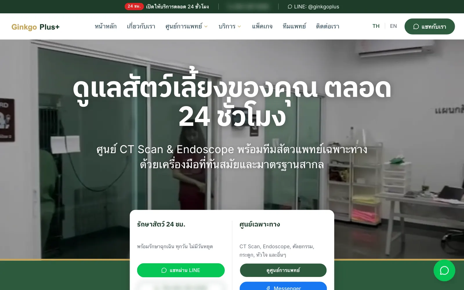 The Ginkgo Plus+ Animal Hospital landing page that the studio built. The phone numbers are blurred for privacy.