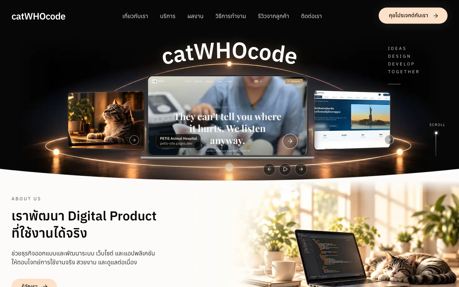 The CatWhoCode home page with examples of client websites. A phone number in one example is blurred for privacy.