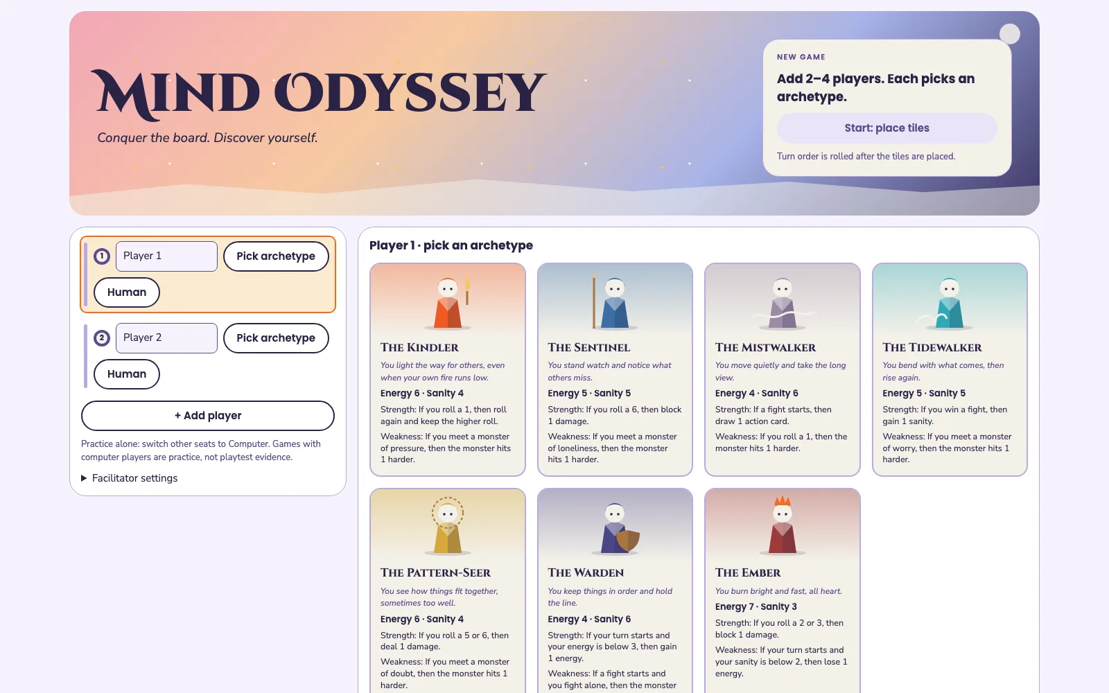 The Mind Odyssey pilot: players pick an archetype before the game starts.