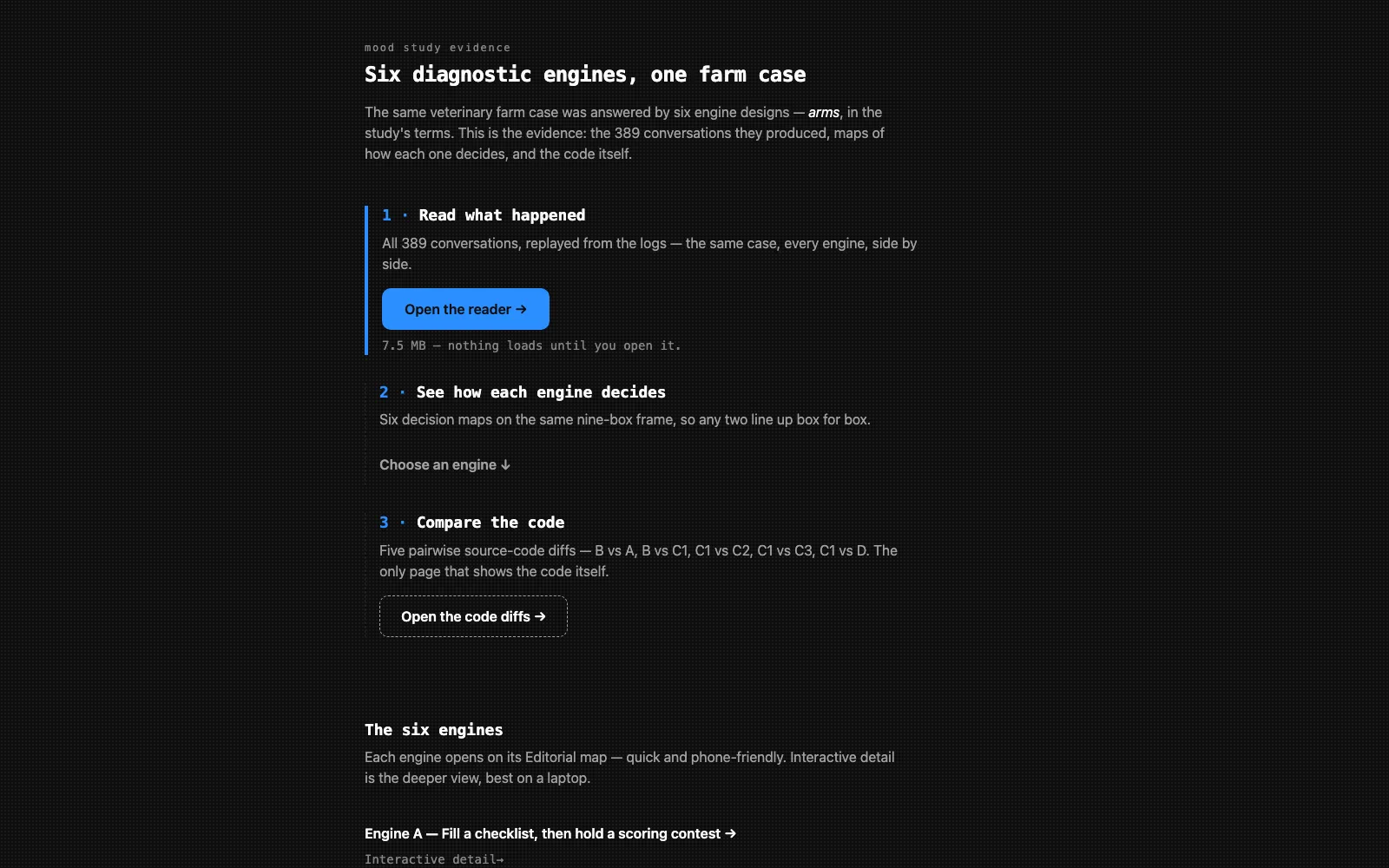 The MOOD website: six diagnostic engines compared on one farm case.