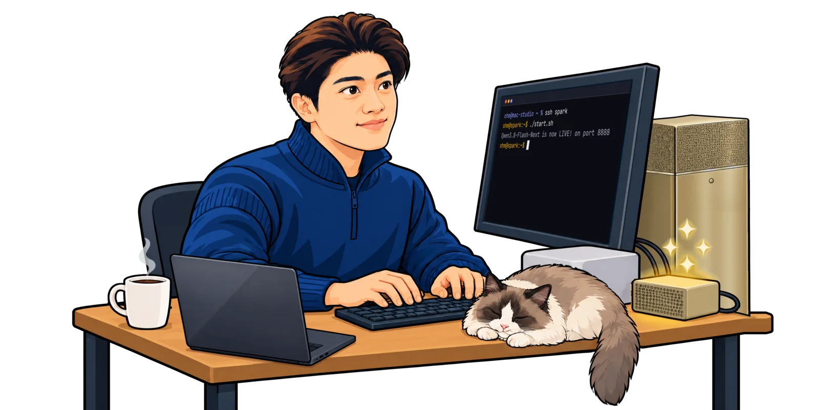 Ohm smiles at his desk and types. A monitor shows Qwen3.8 Flash Next live on the DGX Spark. A Mac Studio, a champagne gold DGX Spark and DGX Station, a MacBook Pro, and coffee stand on the desk. A Ragdoll cat sleeps beside the keyboard.