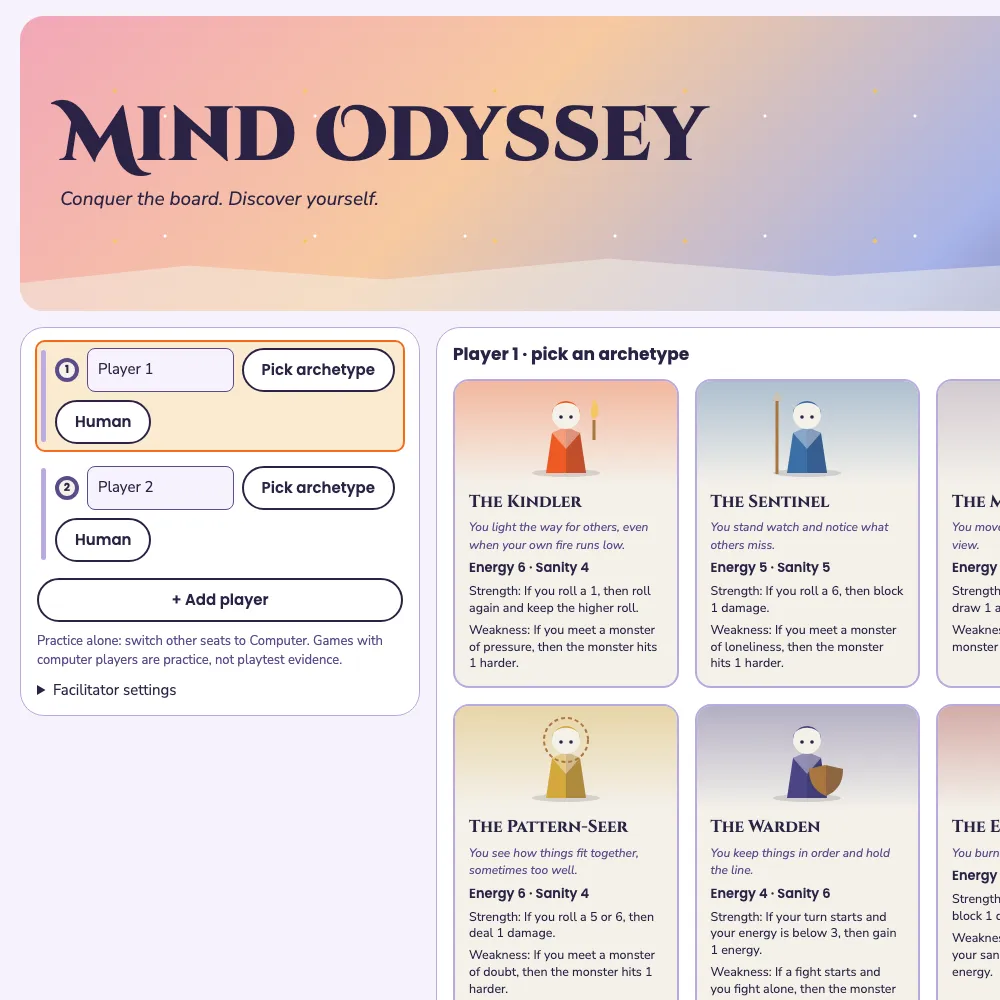 The Mind Odyssey digital pilot: players pick an archetype.